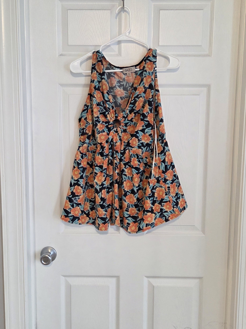 G.O.D. Floral V-Neck Tank Top in Orange on Black